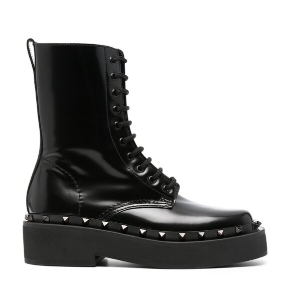 NWT Valentino Garavani Combat Boots In Black Calfskin Leather Tonal Studs Sz 38